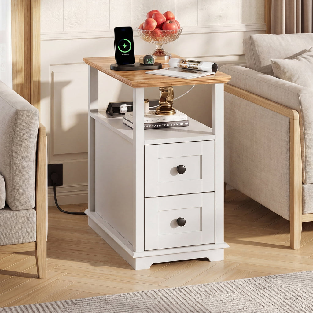 GALAXHERO Narrow Side Table with Charging Station Wooden End Table with 2 Drawers for Living Room, Bedroom, Small Space
