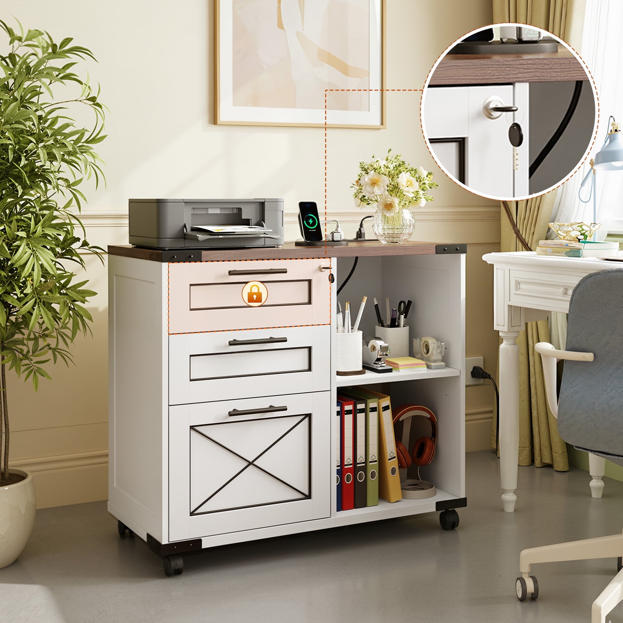 GALAXHERO 3-Drawer Locking File Cabinet, Wood Filing Cabinets with Charging Station, Rolling Printer Stand for Home Office