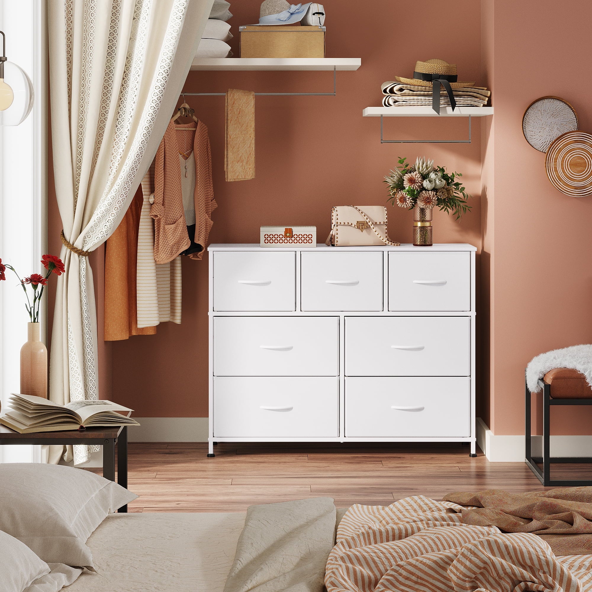 GALAXHERO 7 Drawer Dresser, TV Stands for 45" TV, Chest of Drawers with Fabric Bin for Bedroom, Living Room, Entryway