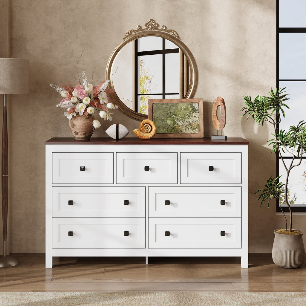 GALAXHERO Farmhouse Dresser for Bedroom, 51.18'' Wide 7 Drawer Wood Dresser, TV Stand for 65 inch TV, Wooden Chest of Drawers for Bedroom, Modern Clothes Organizer for Living Room, Hallway