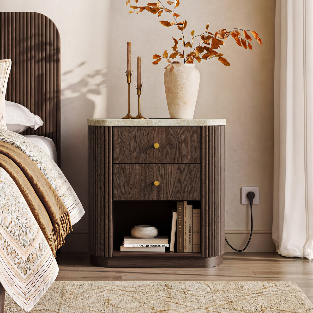 GALAXHERO Mid Century Modern Nightstand with Charging Station, 2-Drawer Fluted Wood Bedside Table with Open Shelf for Bedroom Living Room Dorm