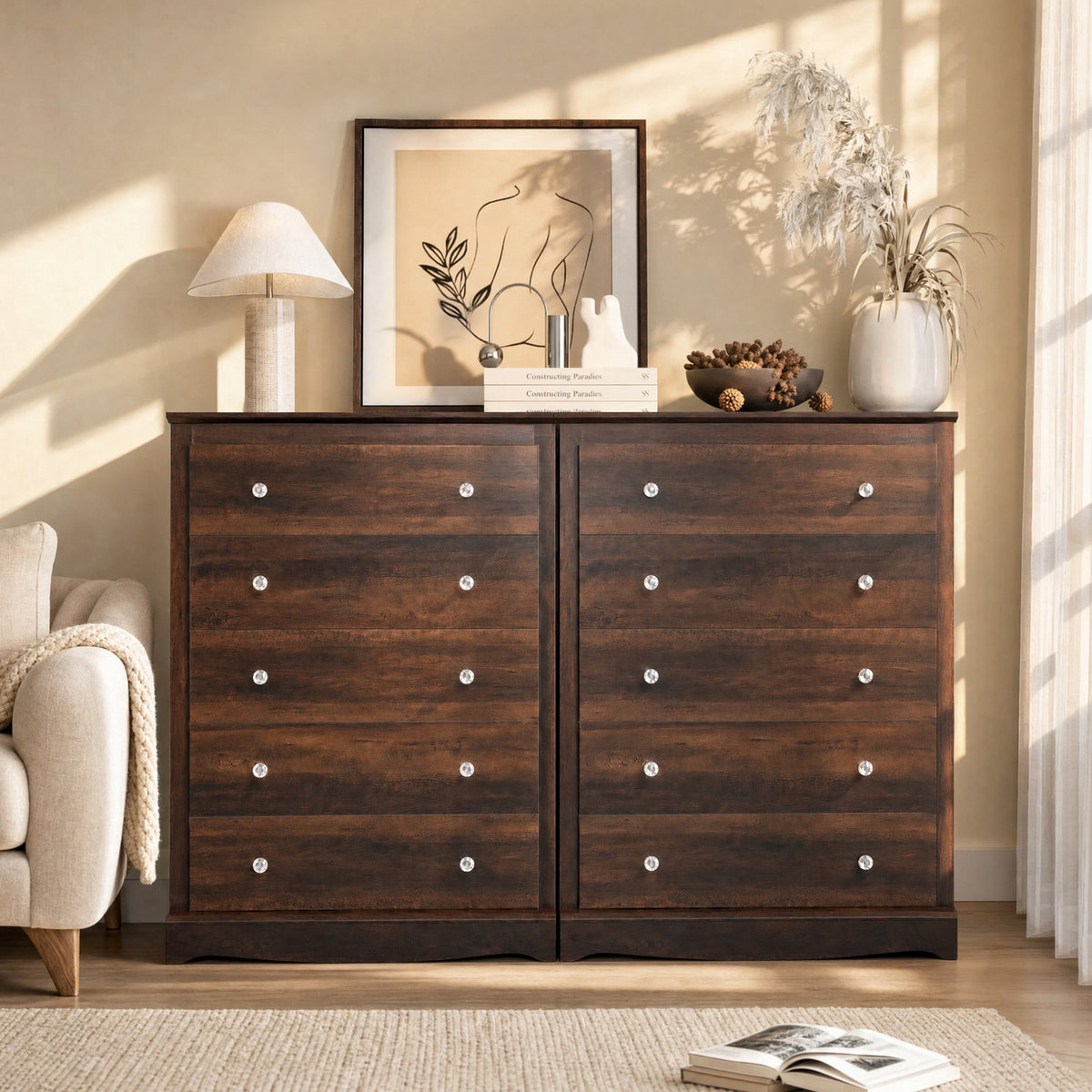 GALAXHERO 5 Drawer Dresser for Bedroom, Retro Wood Chest of Drawers, Tall Dresser with Round Metal Handle for Living Room, Hallway, Closet