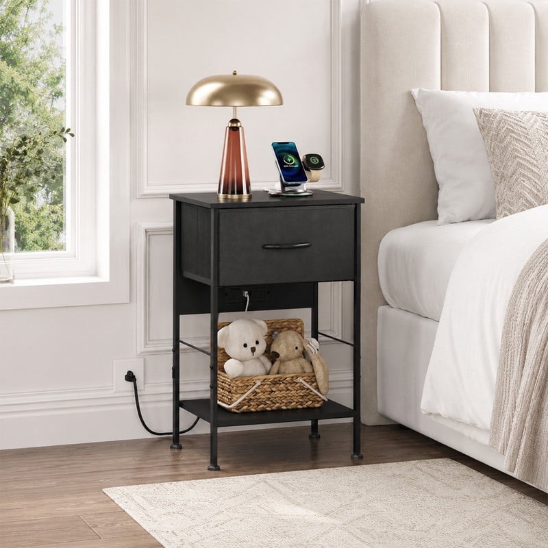 GALAXHERO Nightstand with Charging Station, Small Dresser with Drawer and Storage Shelfs for Bedroom