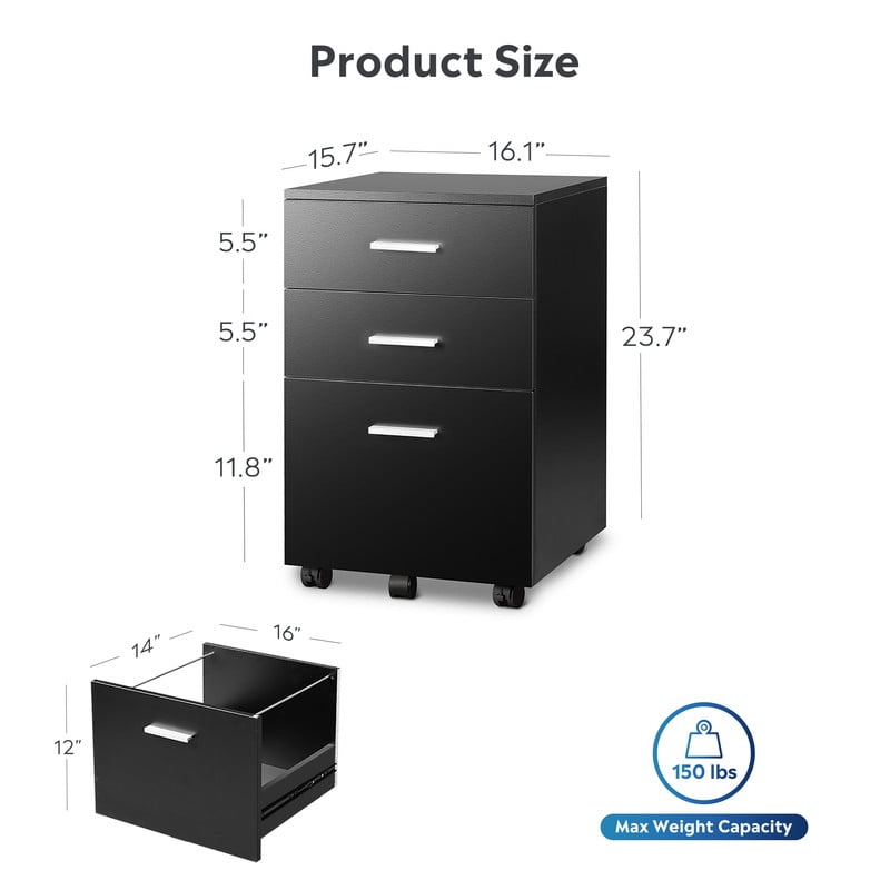 GALAXHERO 3 Drawer File Cabinet, Small Rolling Office Cabinet for Home Office, Wooden Filing Cabinet Fits Letter/A4 Size Files