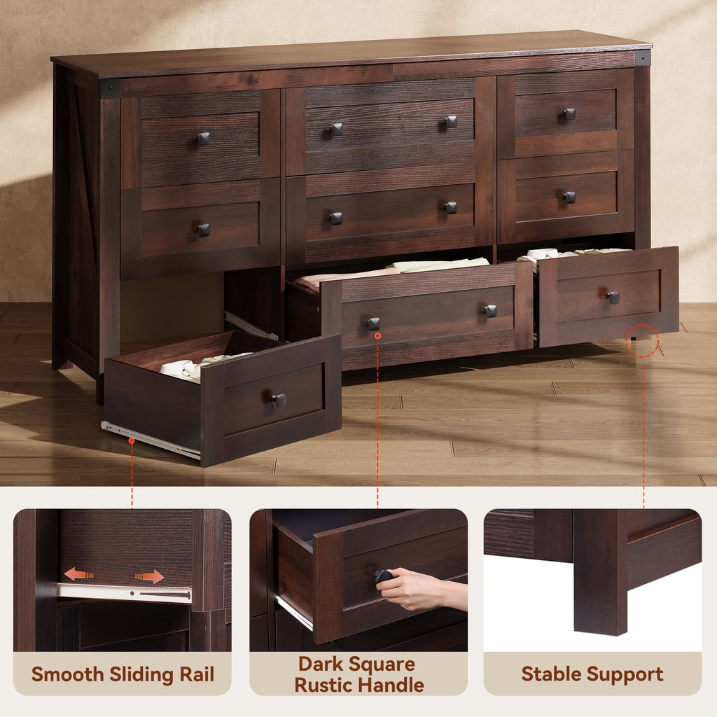 GALAXHERO Farmhouse 9 Drawer Wood Dresser, 63" Wide Storage Organizer with Double Rustic Handles, TV Stand for 70" TV, Chest of Drawers for Bedroom, Living Room