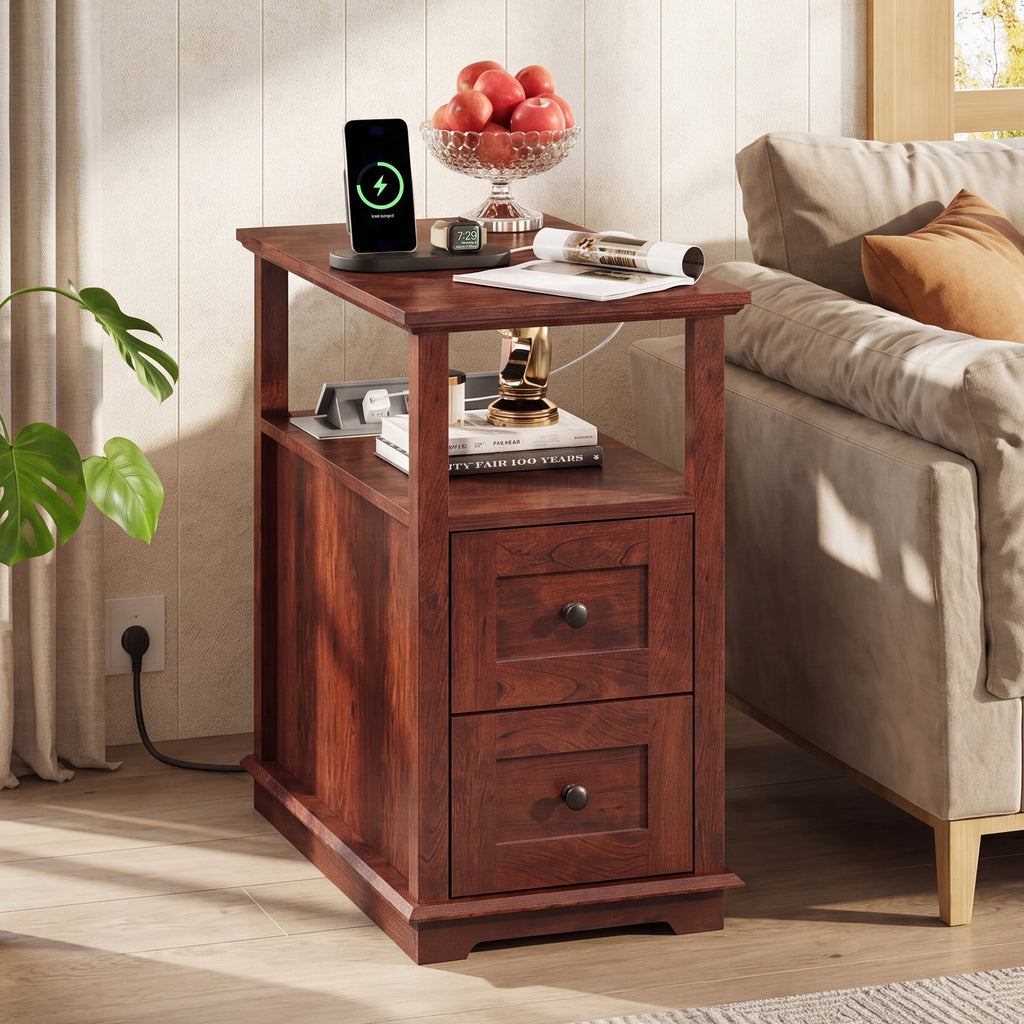 GALAXHERO Narrow End Table with Charging Station Wooden Side Table with 2 Drawers for Living Room, Bedroom, Small Space