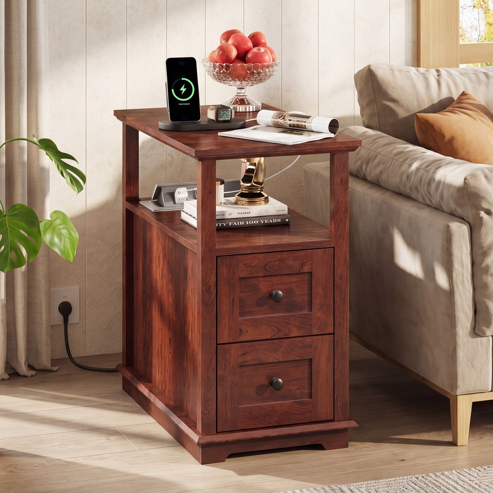 GALAXHERO Narrow End Table with Charging Station Wooden Side Table with 2 Drawers for Living Room, Bedroom, Small Space