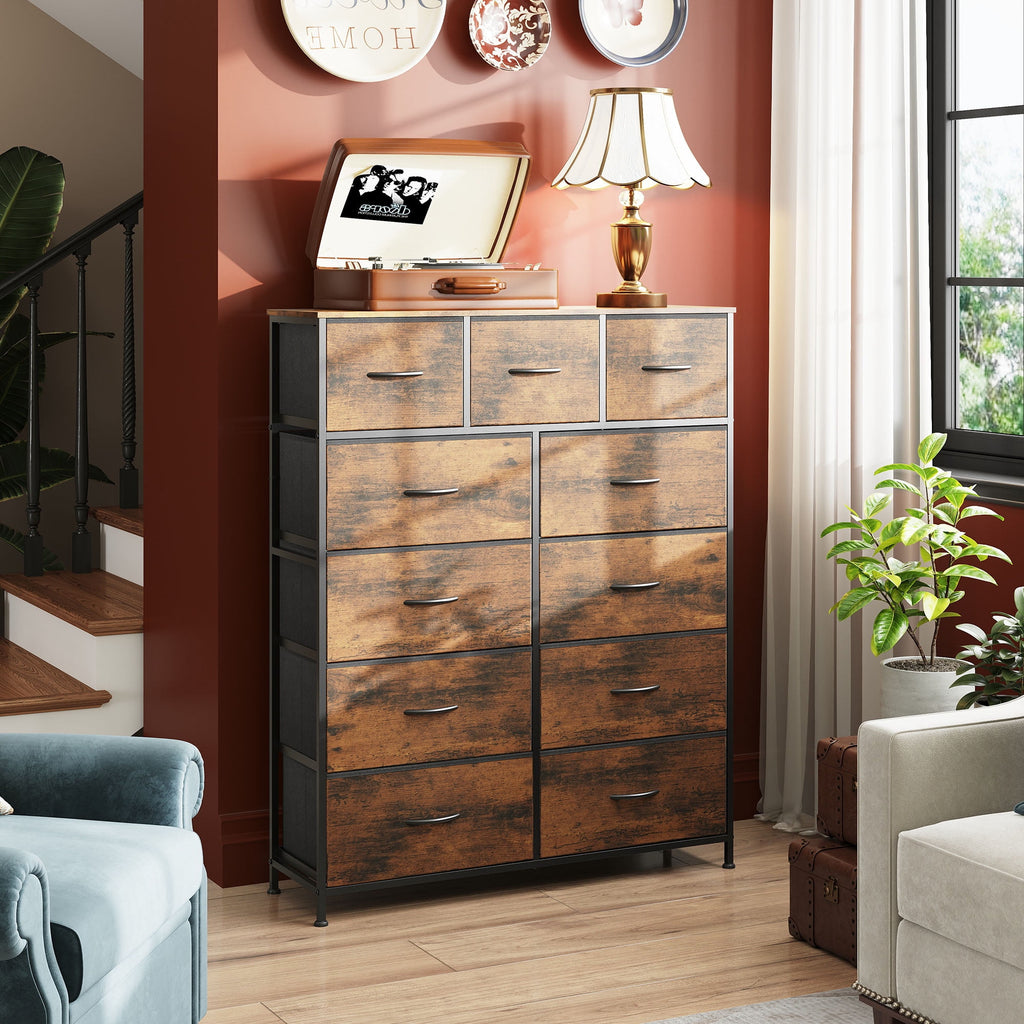 GALAXHERO Tall Dresser with 11 Fabric Drawers, Storage Chest for Bedroom, Closet, Hallway, Steel Frame, Wood Top，Rustic Brown Wood Grain Print
