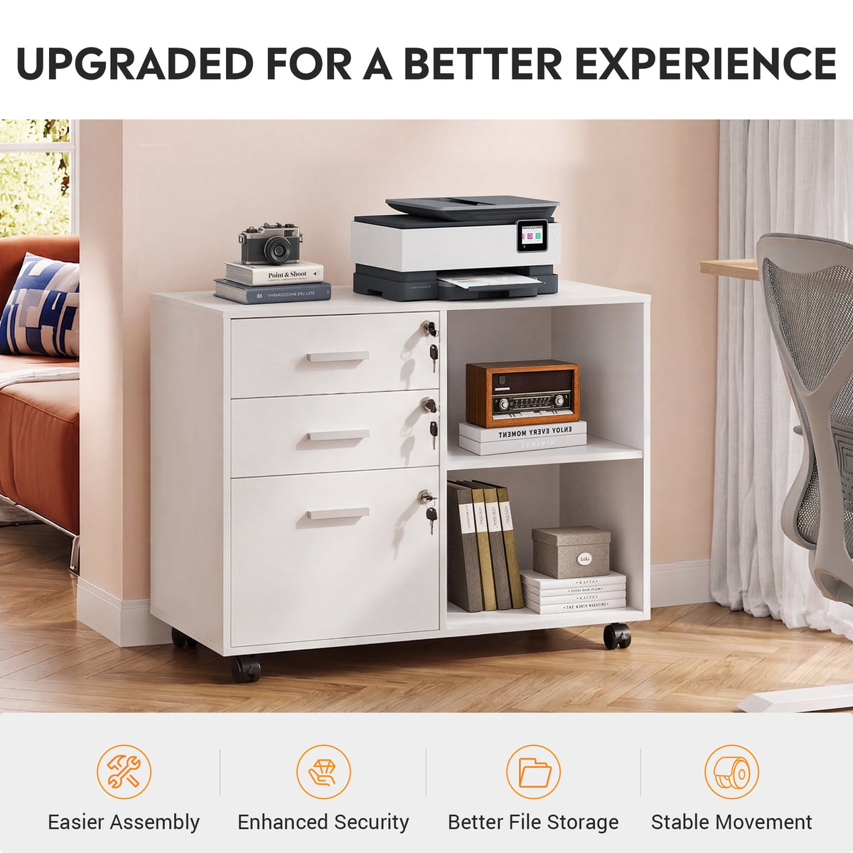 GALAXHERO 3-Drawer File Cabinet with Lock and Key, Mobile Wood Lateral Filing Cabinet & Printer Stand with Open Shelves for Home Office