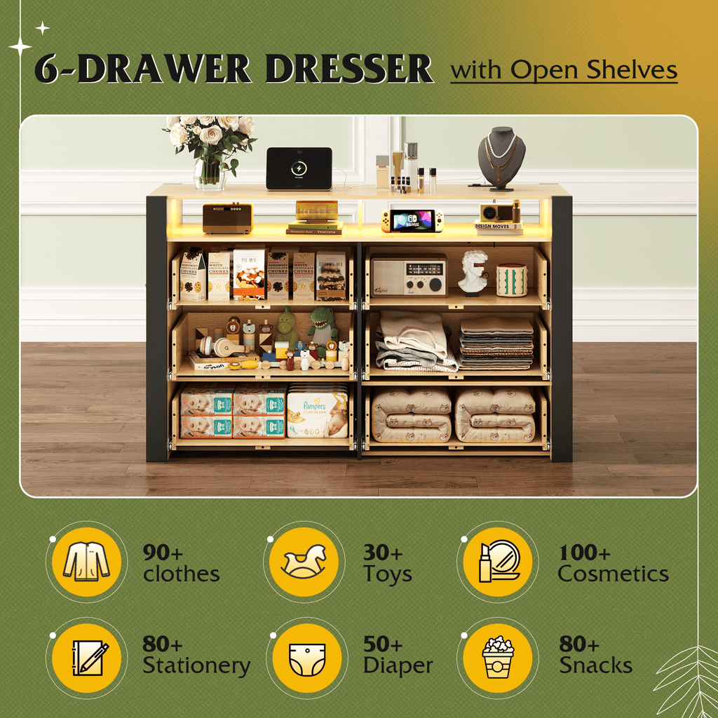 GALAXHERO 6 Drawer Dresser for Bedroom with LED Lights, Double Dresser with Charging Station, Large Wood Chest of Drawers, TV Stand for 55 inch TV for Closet, Living Room