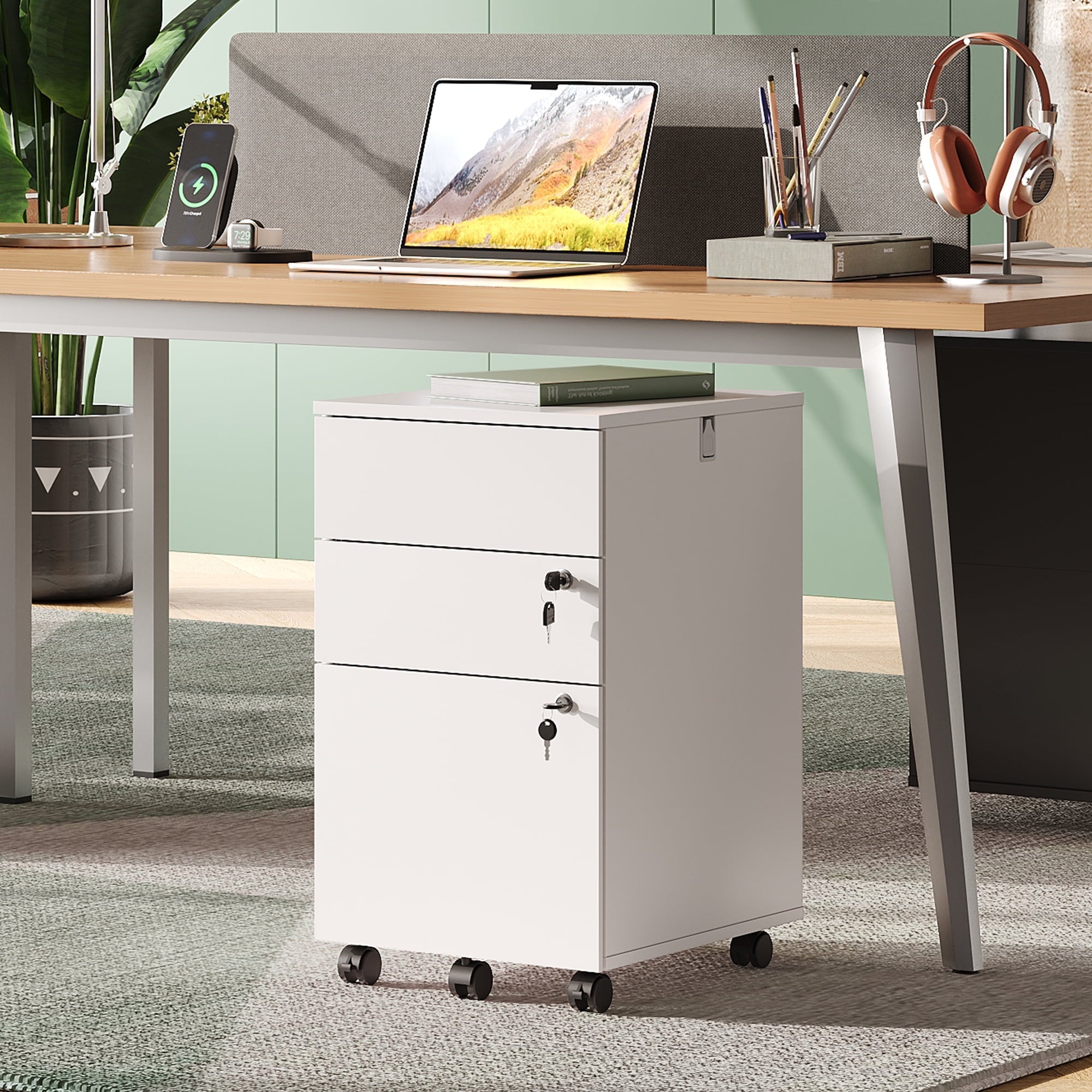 GALAXHERO File Cabinet 3-Drawer Rolling Wood Cabinet for Home Office with Lock, Fits Letter/A4/Legal Size, Retractable Hook, White