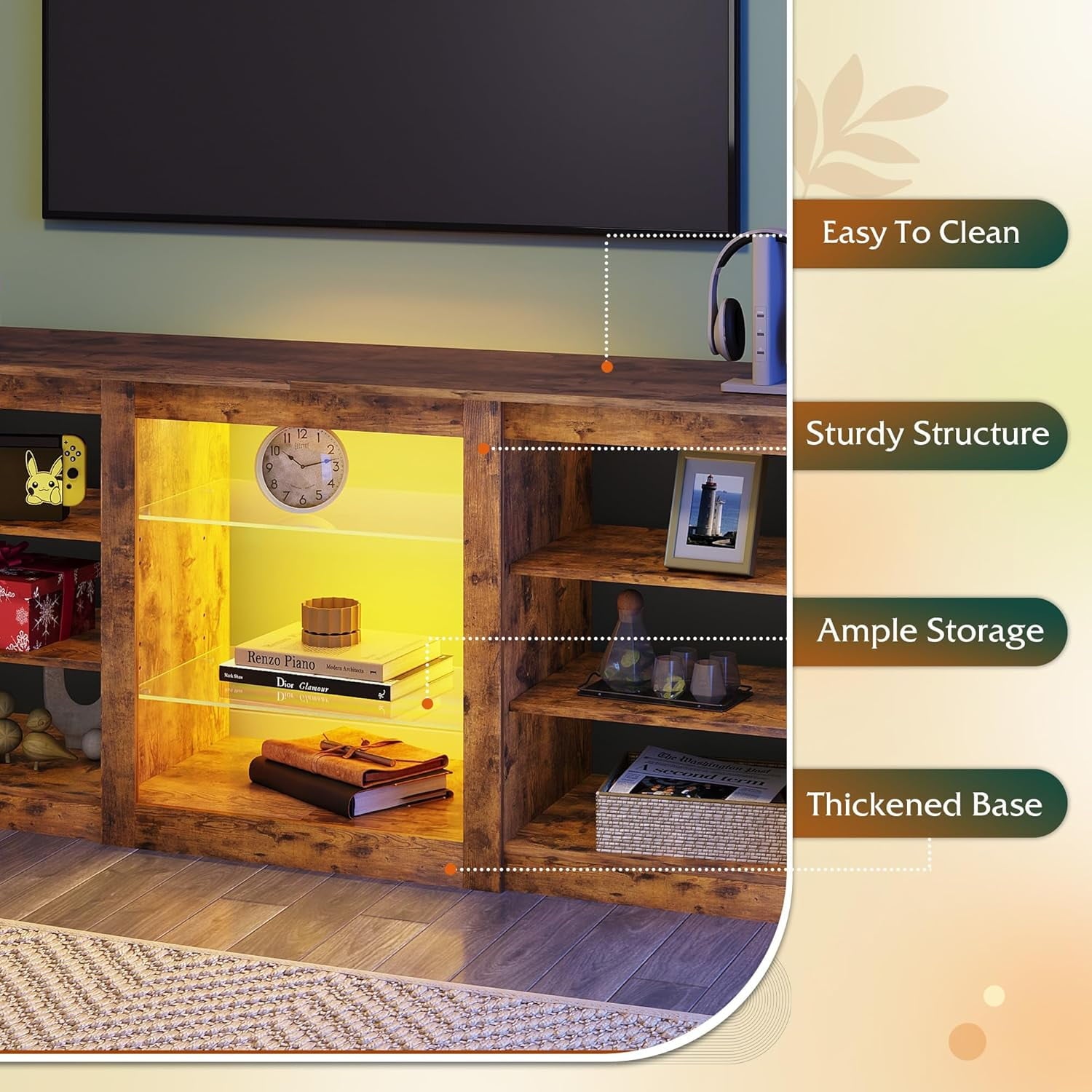 GALAXHERO Modern TV Stand for 65 Inch TV Entertainment Center with Adjustable Open Shelves & LED Lights Sturdy Media Console for Living Room, Bedroom, Gaming