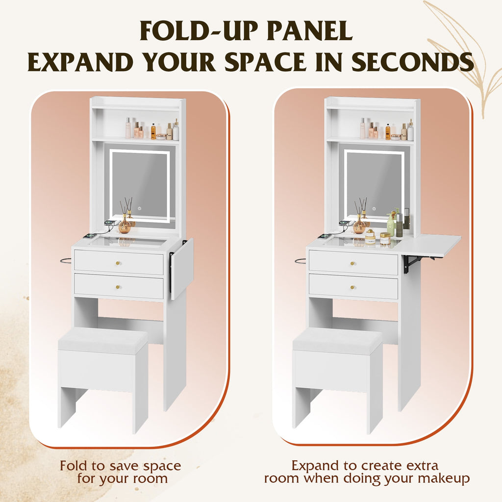 GALAXHERO Vanity Desk with Lighted Mirror and Glass Top, Makeup Vanity Chair with Storage, Fold-up Panel, 2 Drawers Dressing Table for Bedroom, White