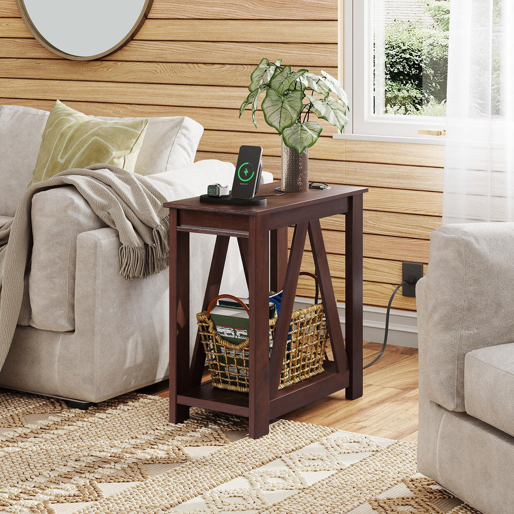 GALAXHERO Narrow End Table with Charging Station and Open Storage Shelf, Sofa Side Table with 2 USB Ports and 2 Power Outlets, Slim Farmhouse End Table for Small Spaces, Bedroom, Living Room