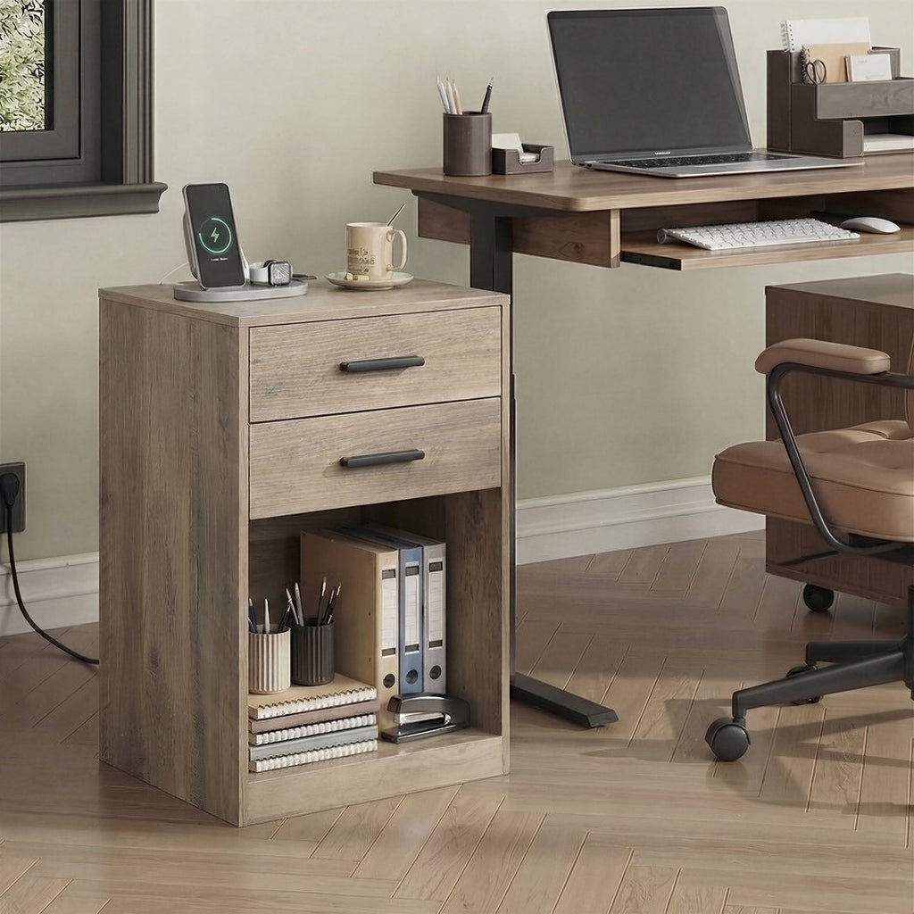 GALAXHERO Nightstand Set of 2 with Charging Station and 2 Drawers, Wood Bedside Table End Table with Open Shelf for Bedroom, Living Room
