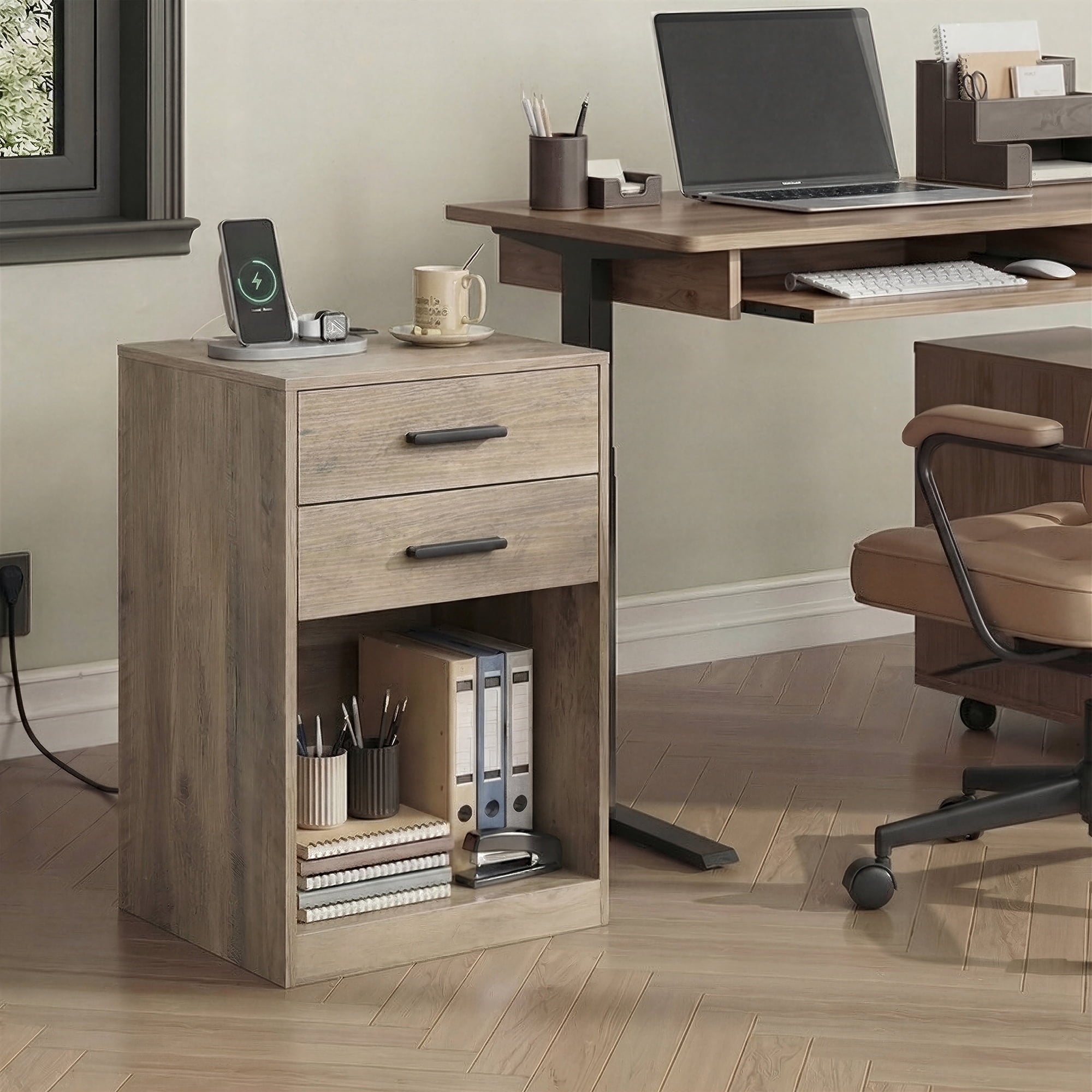 GALAXHERO Nightstand Set of 2 with Charging Station and 2 Drawers, Wood Bedside Table End Table with Open Shelf for Bedroom, Living Room