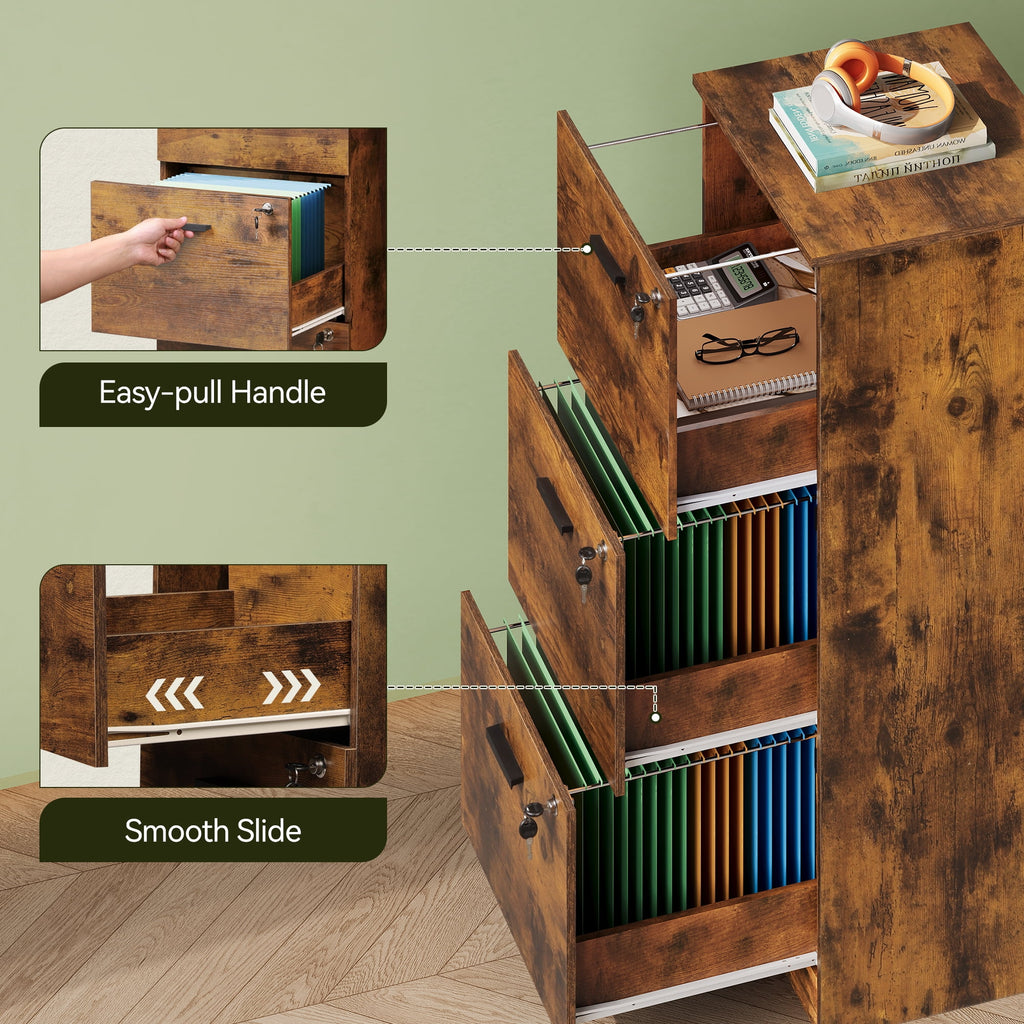 GALAXHERO 3 Drawers File Cabinets, Vertical Filing Cabinet with 3 Locks for Home Office, Wood Office Printer Stand for Letter/A4 Size