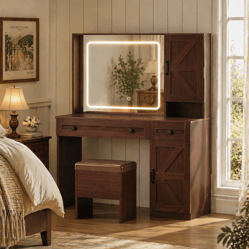 GALAXHERO Farmhouse Vanity Desk, Makeup Table Set with Mirror and Lights, Dressing Table with 2 Drawers and 2 Cabinets, Hair Dryer Holder for Bedroom
