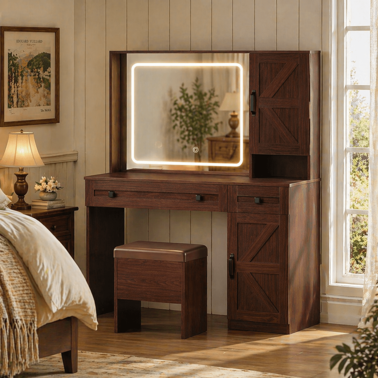 GALAXHERO Farmhouse Vanity Desk, Makeup Table Set with Mirror and Lights, Dressing Table with 2 Drawers and 2 Cabinets, Hair Dryer Holder for Bedroom