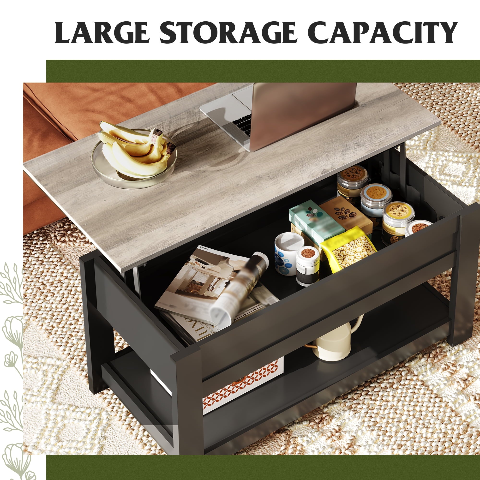 GALAXHERO 39" Lift Top Coffee Table with Hidden Storage and Storage Shelf Lift Up Coffee Table for Living Room