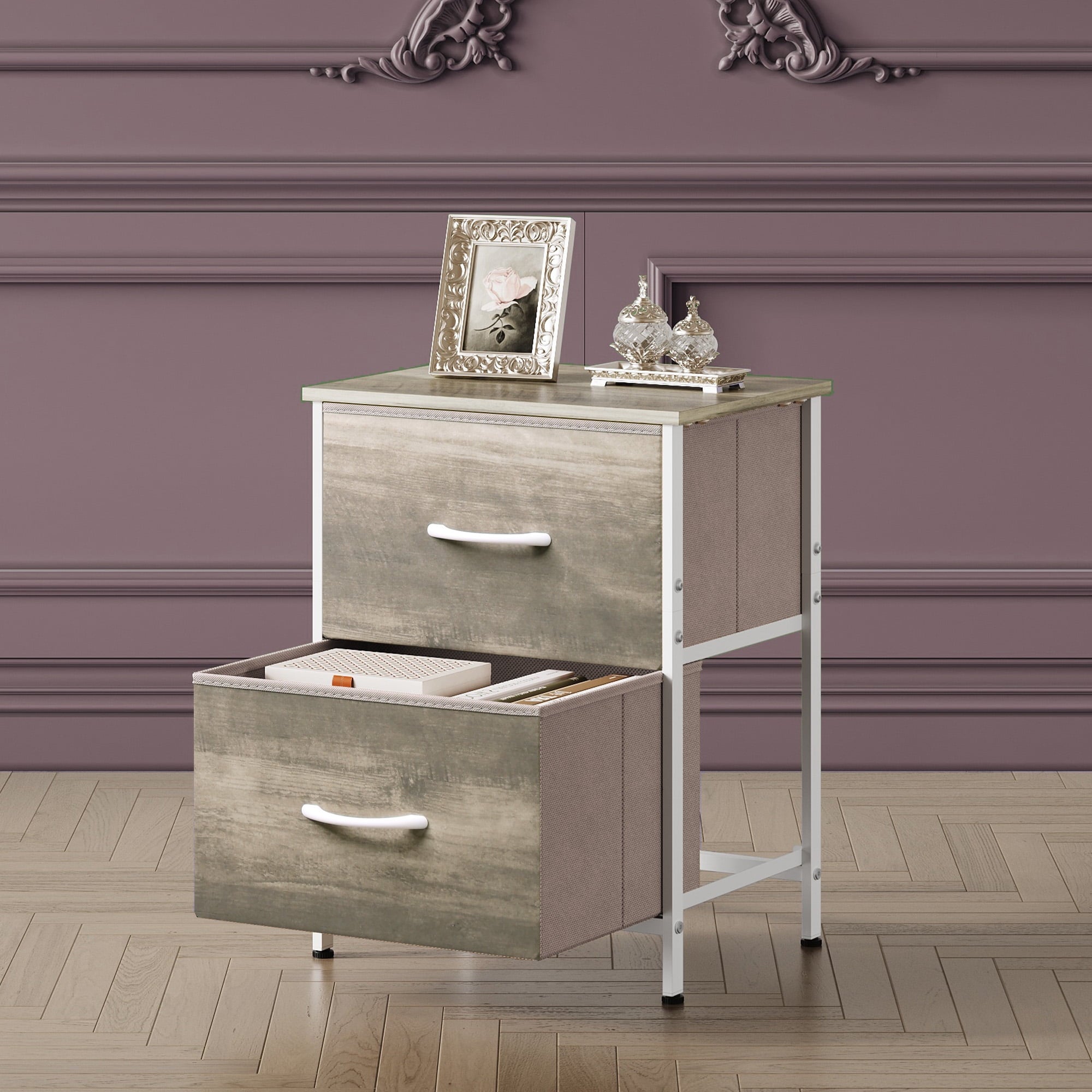 GALAXHERO Nightstand with 2 Drawers, Small Dresser for Closet, End Table with Fabric Bin, Bedside Table for Bedroom, Entryway, College Dorm, Greige Oak