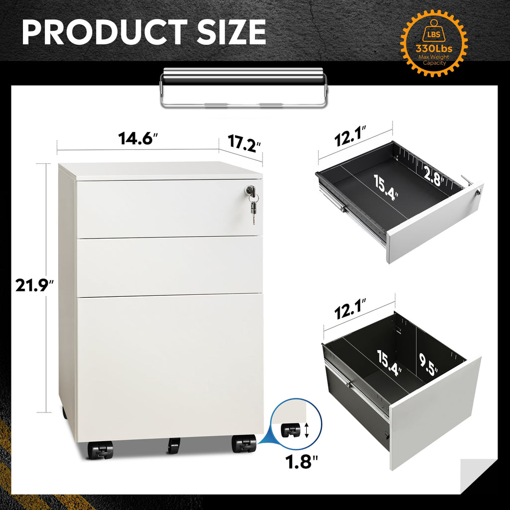GALAXHERO Filing Cabinet 3 Drawer with Lock, Rolling File Cabinet for Home Office, Fully Assembled Under Desk Storage