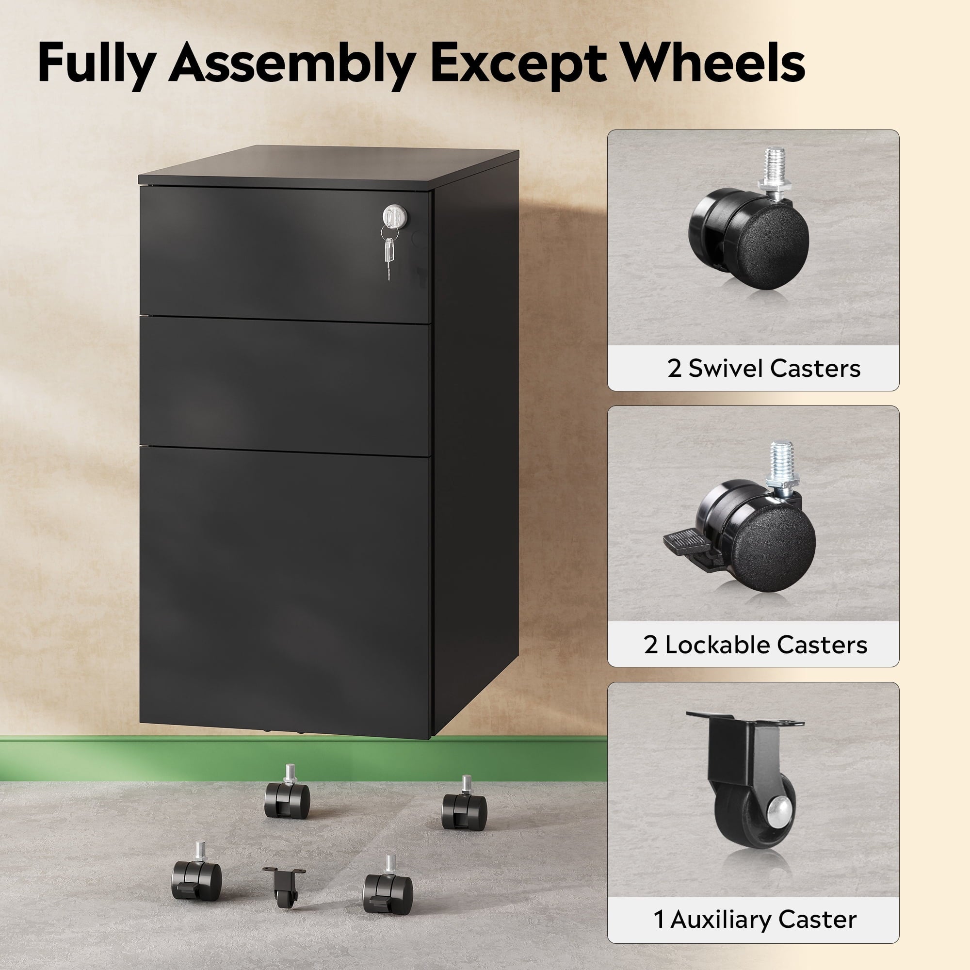 GALAXHERO 3 Drawer File Cabinet, Fully Assembled Except Casters, Metal Under Desk Cabinet with Lock, Rolling Filing Cabinet for Home Office, Legal/Letter Size