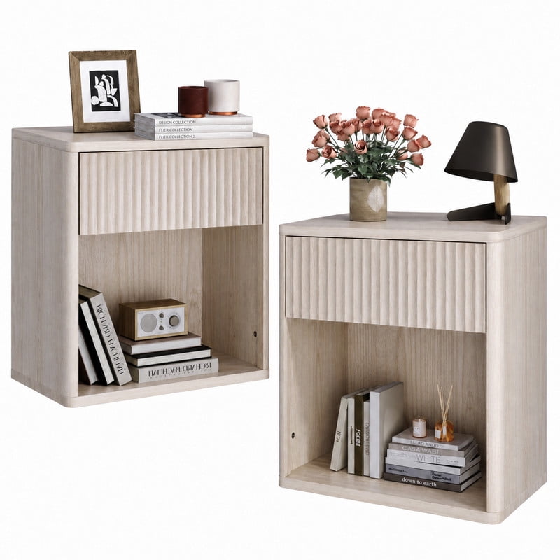GALAXHERO Nightstand, Mid Century Fluted Wood Bedside Table with Drawer, End Table & Open Shelf for Bedroom Living Room Dorm