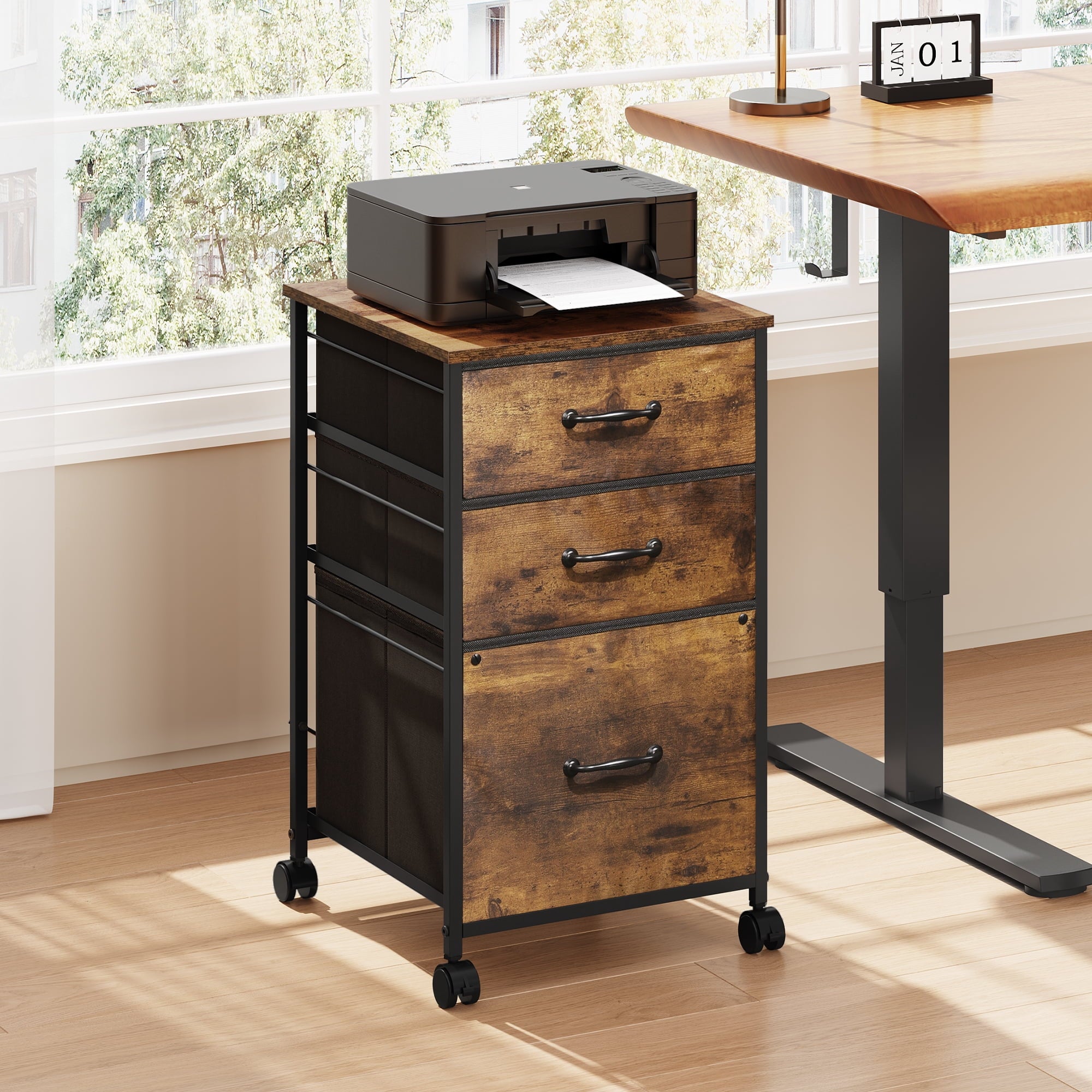 GALAXHERO 3 Drawers Mobile File Cabinet, Desk Table Cabinet Fits A4/Letter Size, Home Office Furniture,  Wood Grain