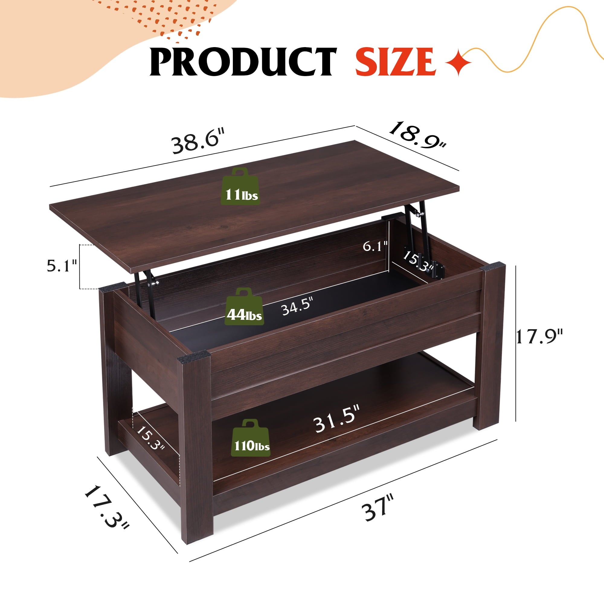 GALAXHERO Coffee Table, 39" Lift Top Coffee Table with Hidden Storage and Storage Shelf for Living Room