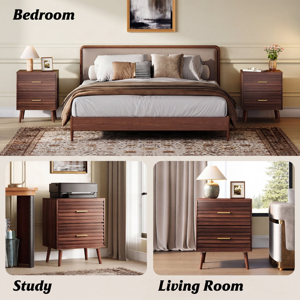 GALAXHERO Mid Century Wood Nightstand Set of 2, Fluted 2 Drawers Bedside Table for Bedroom, End Table for Living Room