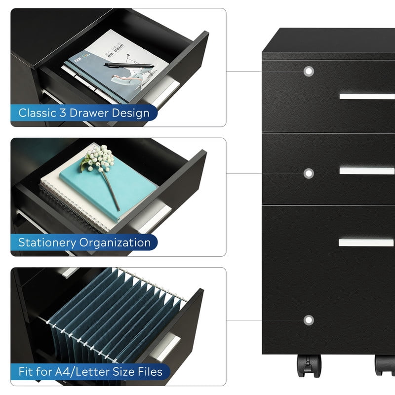 GALAXHERO 3 Drawer File Cabinet, Small Rolling Office Cabinet for Home Office, Wooden Filing Cabinet Fits Letter/A4 Size Files