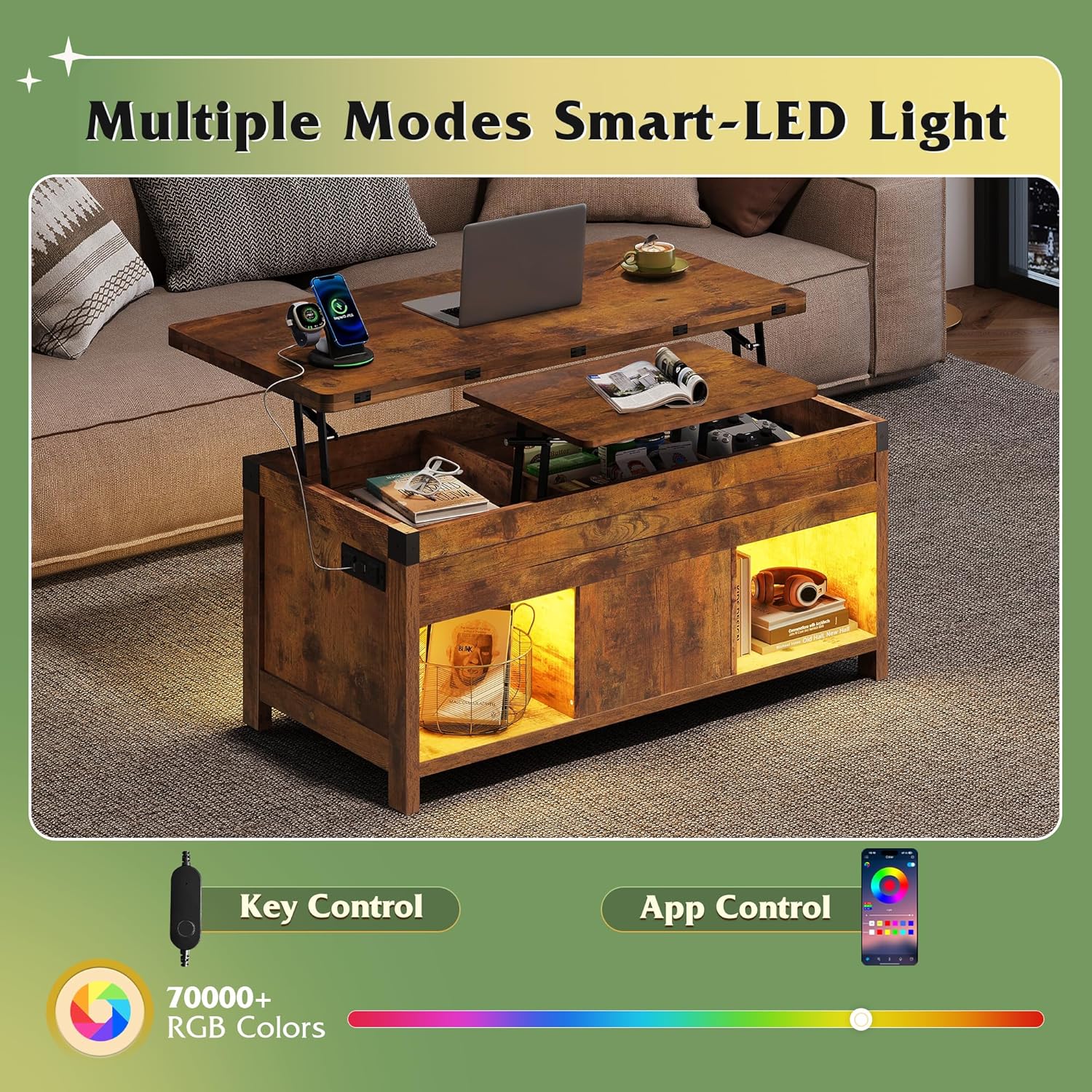 GALAXHERO 40" Lift Top Coffee Table with Storage, 4 in 1 Coffee Tables with 2 Fabric Drawers LED Light and USB, Modern Coffee Table with Hidden Compartment for Living Room, Dining Room