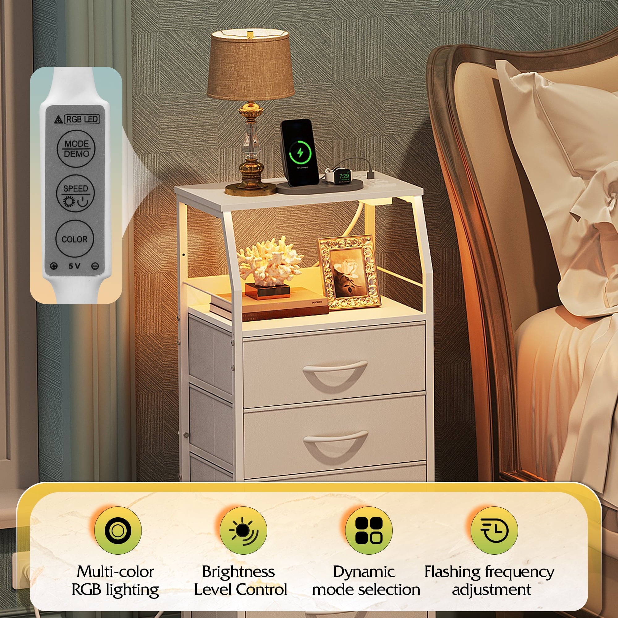 GALAXHERO Nightstand with Charging Station and LED, White Tall Night Stand, 4 Drawers Bedside Table with Storage Shelfs for Bedroom, Living Room