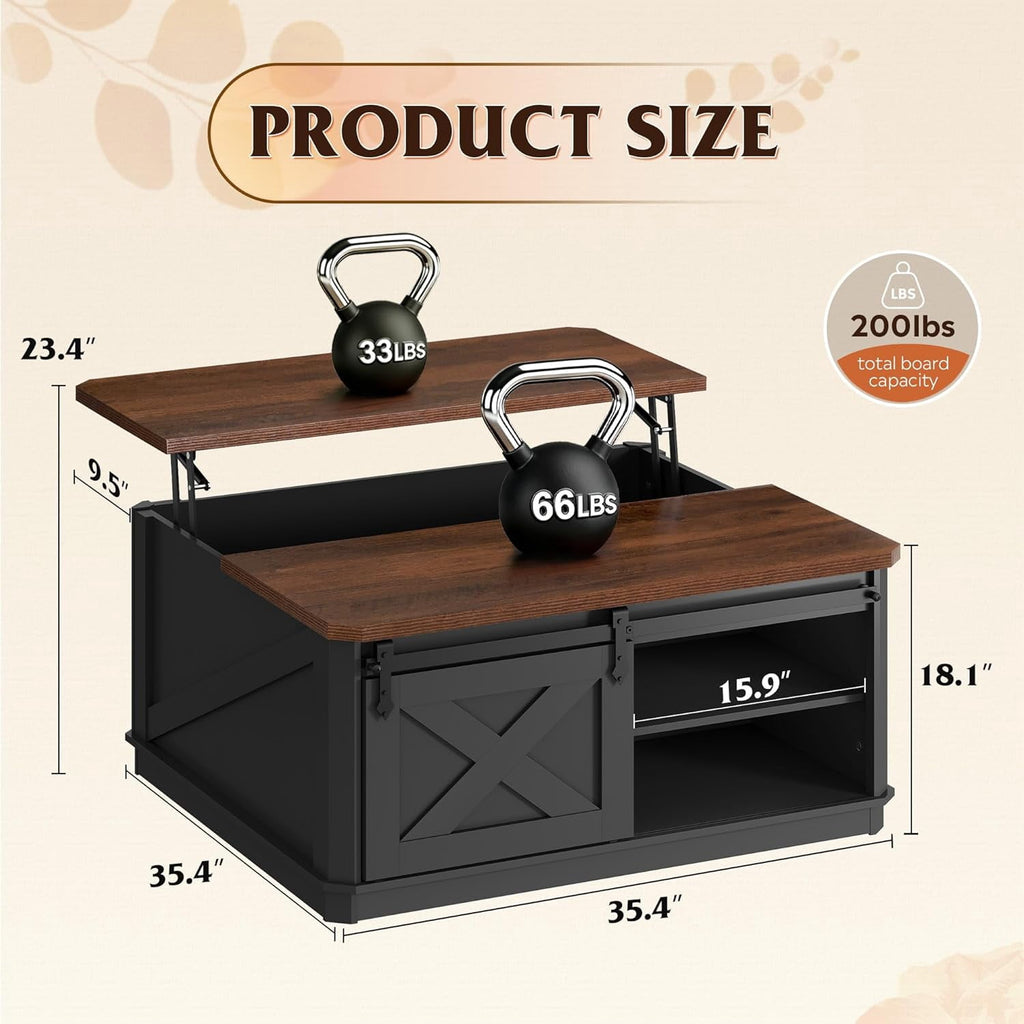 GALAXHERO Lift Top Coffee Table for Living Room 35.5" Framhouse Coffee Table with Storage, Square Center Table Rustic Cocktail Table with Sliding Barn Doors, Curevd Base
