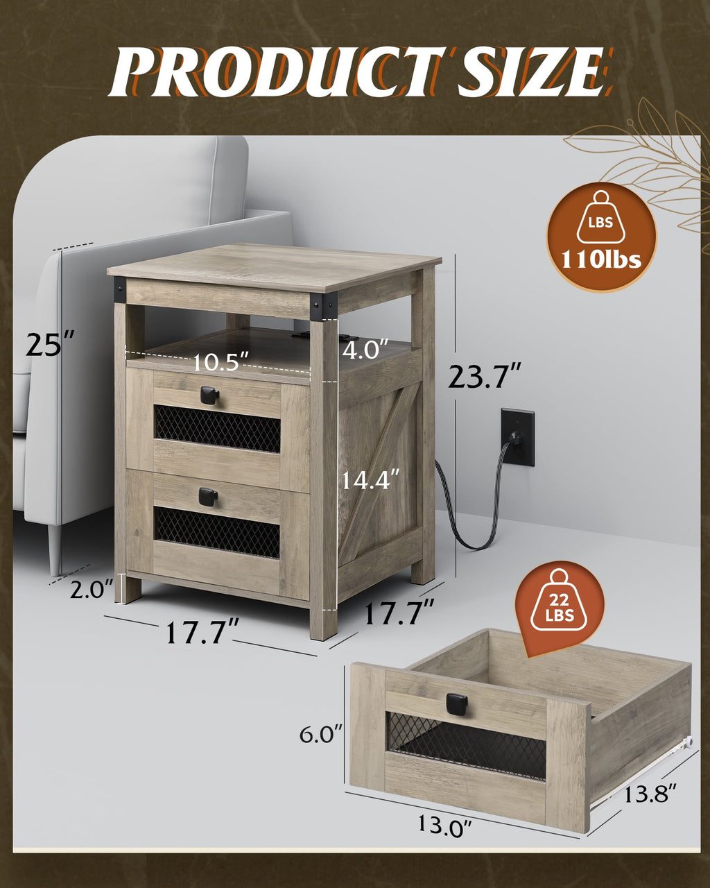 GALAXHERO Nightstand with Charging Station, Farmhouse End Table, Bed Side Table with 2 Storage Drawers and Open Shelf, Wood Rustic Nightstands for Bedroom