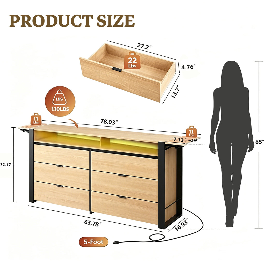 GALAXHERO 6 Drawer Dresser with LED Lights, Modern Dresser with Charging Station, Large Wood Chest of Drawers with Flexible Shelves and Hanging Rack for Bedroom, Closet, Living Room