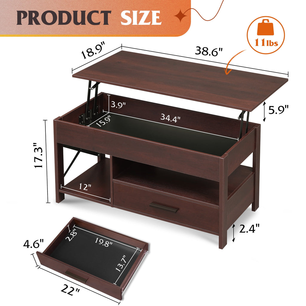 GALAXHERO Coffee Table, 39" Lift Top Coffee Table with Hidden Compartment, Storage Drawers and Storage Shelf for Living Room, Reception Room