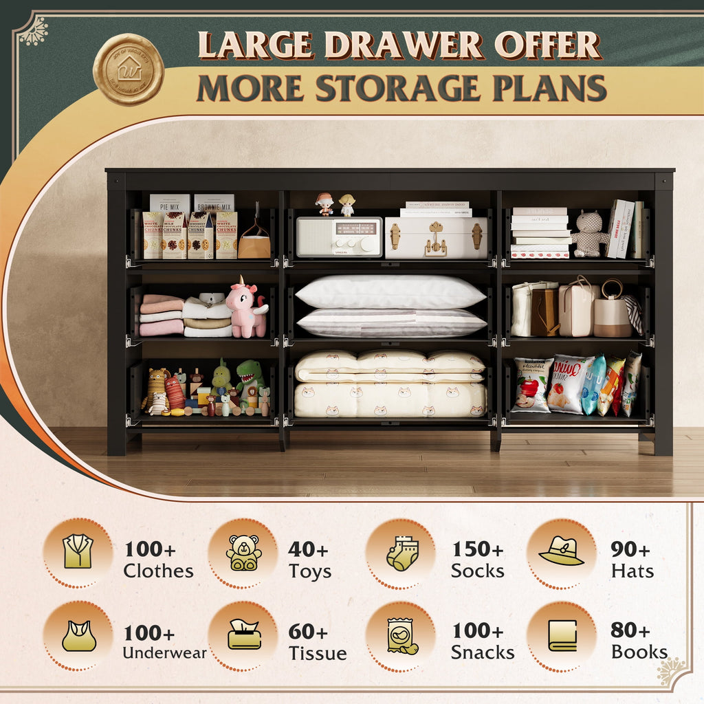 GALAXHERO Farmhouse 9 Drawer Wood Dresser, 63" Wide Storage Organizer with Double Rustic Handles, TV Stand for 70" TV, Chest of Drawers for Bedroom, Living Room