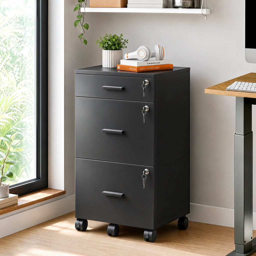 GALAXHERO Filing Cabinet with Lock and Key, 3 Drawer Rolling File Cabinet, Wood Storage Locker, Fits Letter/A4 Size