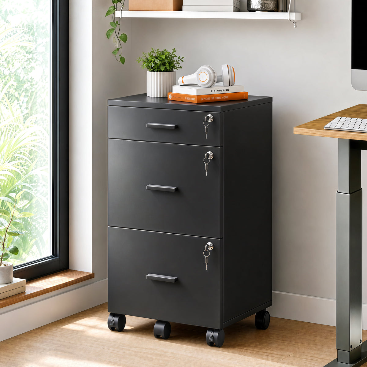 GALAXHERO Filing Cabinet with Lock and Key, 3 Drawer Rolling File Cabinet, Wood Storage Locker, Fits Letter/A4 Size