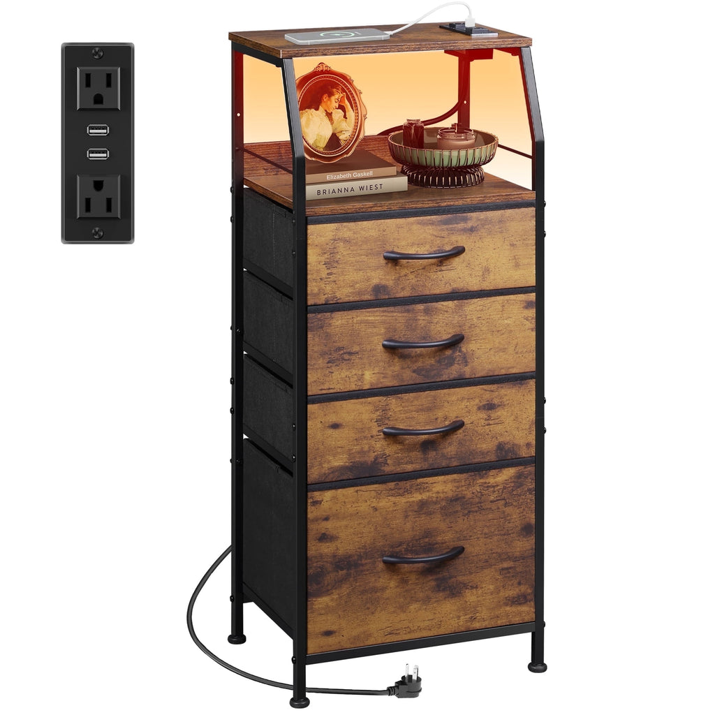 GALAXHERO 4 Drawer Dresser for Bedroom, Nightstand with Charging Station and LED, Tall Bedside Table with Storage Shelfs