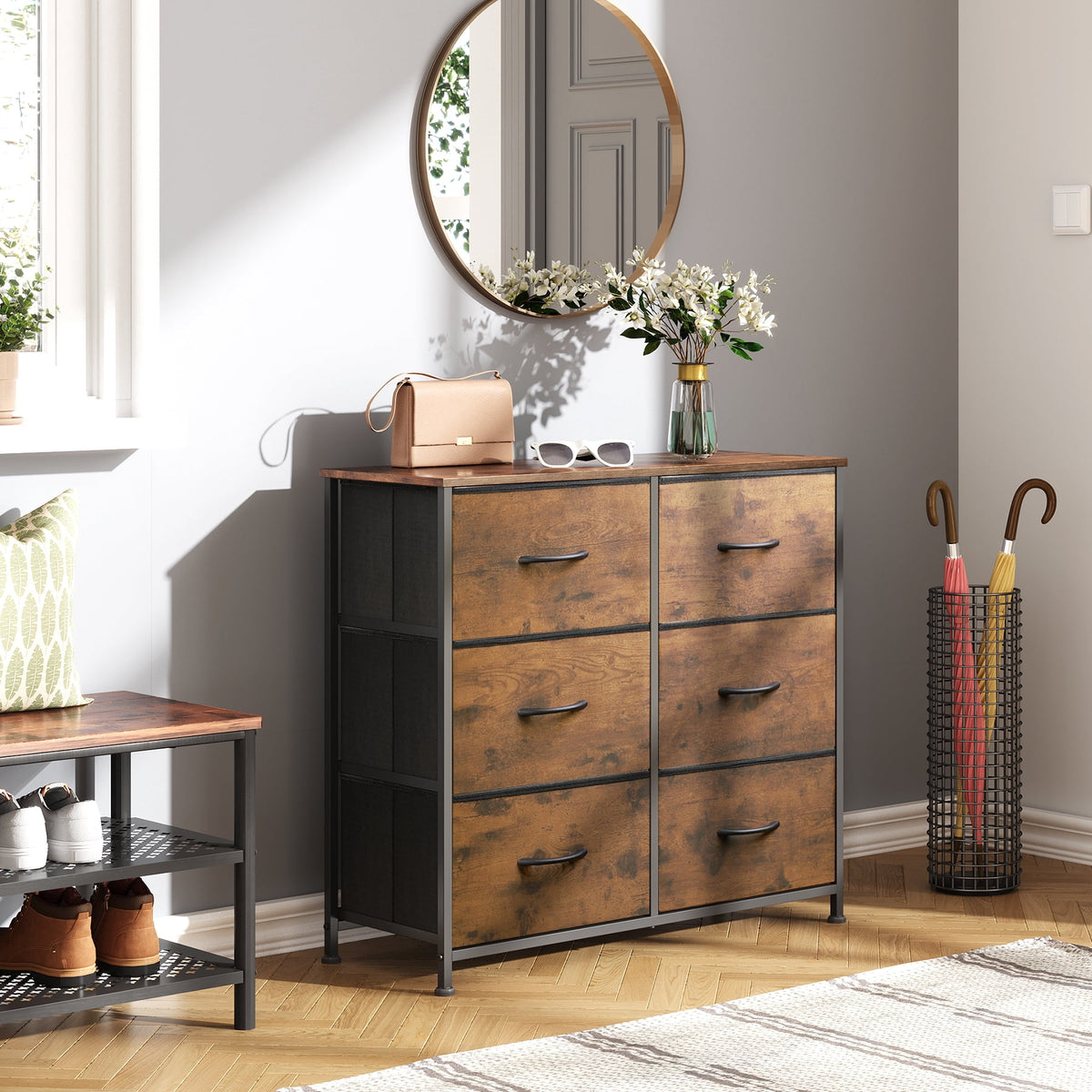 GALAXHERO 6 Drawer Dresser, Black Fabric Double Dresser, Storage Tower with Fabric Bins, Chest of Drawers for Bedroom, Closet, Living Room, Hallway
