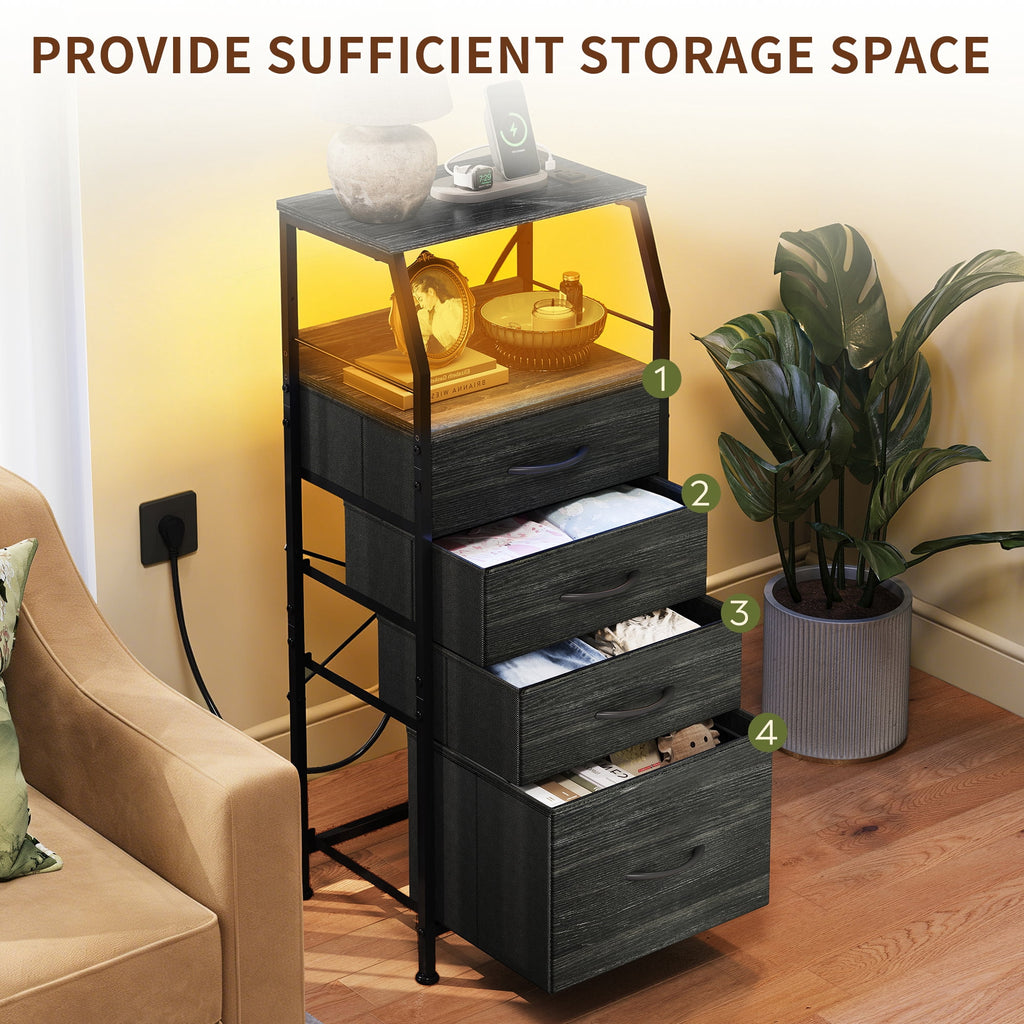 GALAXHERO 4 Drawer Dresser for Bedroom, Nightstand with Charging Station and LED, Tall Bedside Table with Storage Shelfs