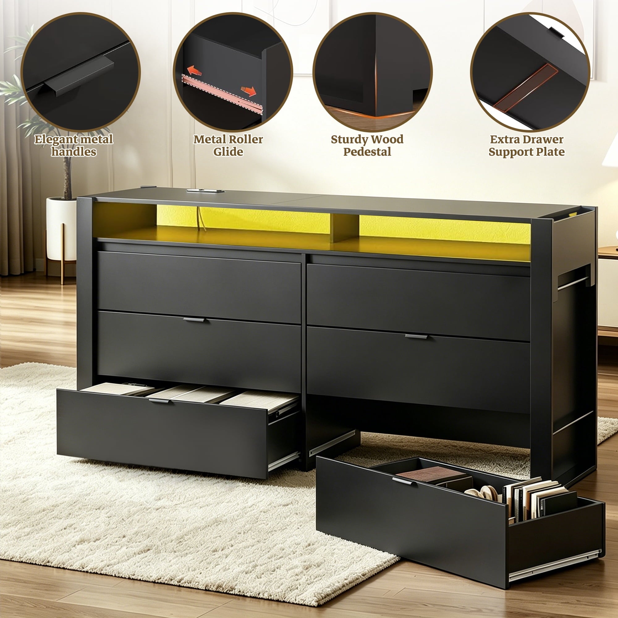 GALAXHERO 6 Drawer Dresser with LED Lights, Modern Dresser with Charging Station, Large Wood Chest of Drawers with Flexible Shelves and Hanging Rack for Bedroom, Closet, Living Room