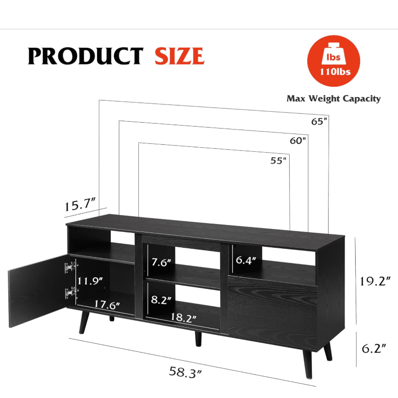 GALAXHERO TV Stand for 65-Inch TV, 58-Inch Entertainment Center with 2 Storage Cabinets, Media Console for Living Room, Bedroom, Office