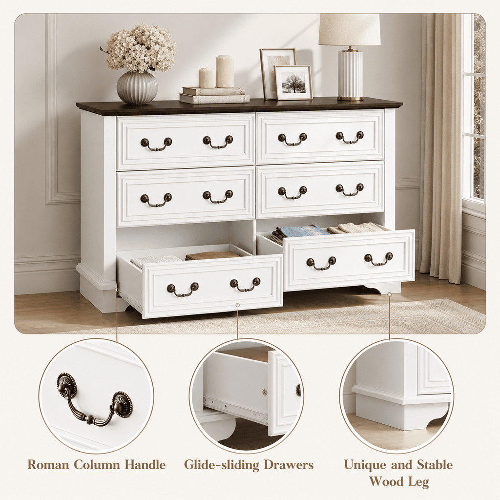 GALAXHERO Farmhouse Wood Dresser for Bedroom, Dresser with 6 Drawers, Chest of Drawers with Roman Metal Handle, TV Stand for 60 inch TV for Living Room, Hallway