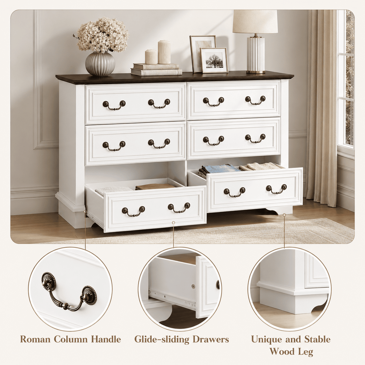 GALAXHERO Farmhouse Wood Dresser for Bedroom, Dresser with 6 Drawers, Chest of Drawers with Roman Metal Handle, TV Stand for 60 inch TV for Living Room, Hallway