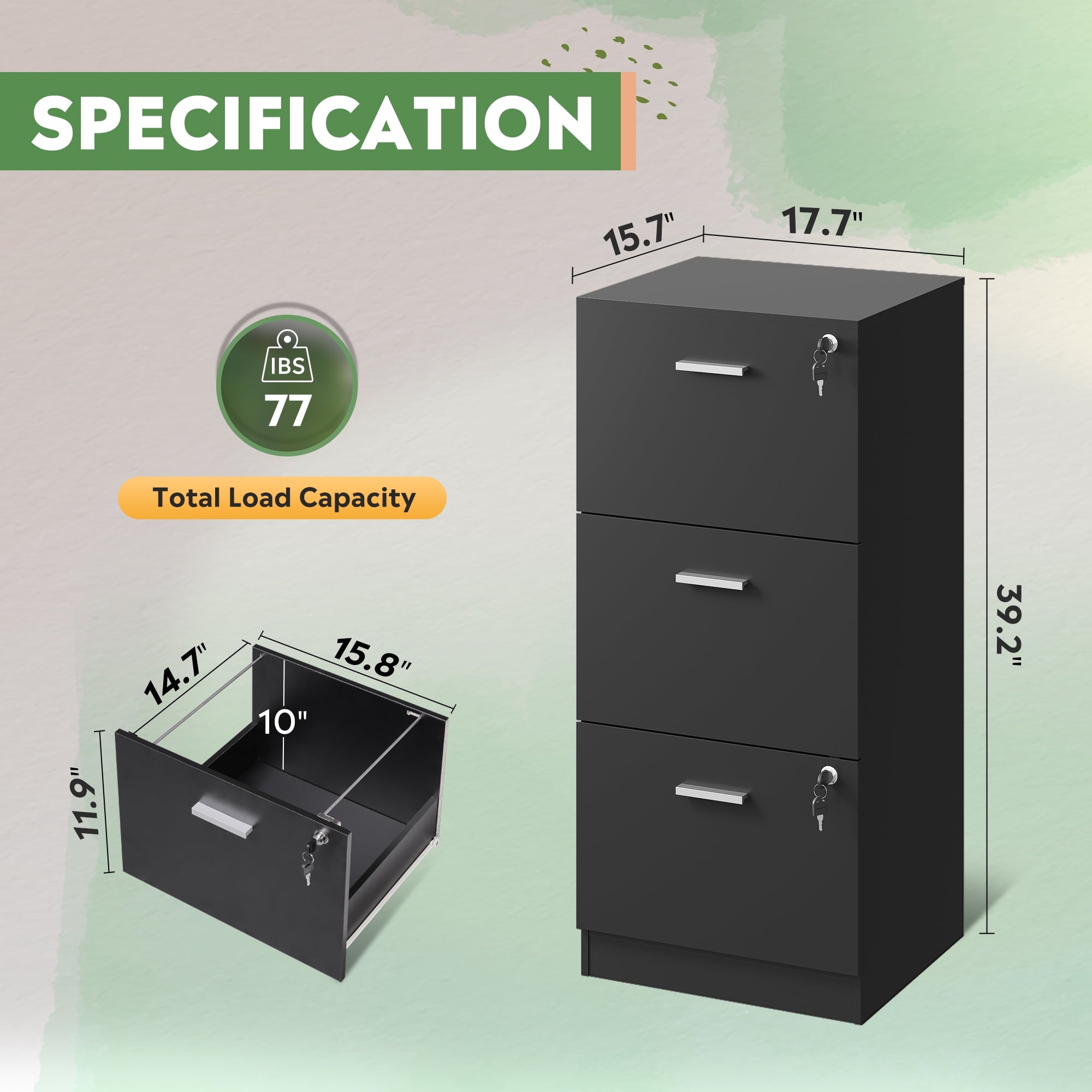 GALAXHERO 3 Drawers File Cabinets, Wood Vertical Filing Cabinet with Lock for Home Office, Letter/A4 Size