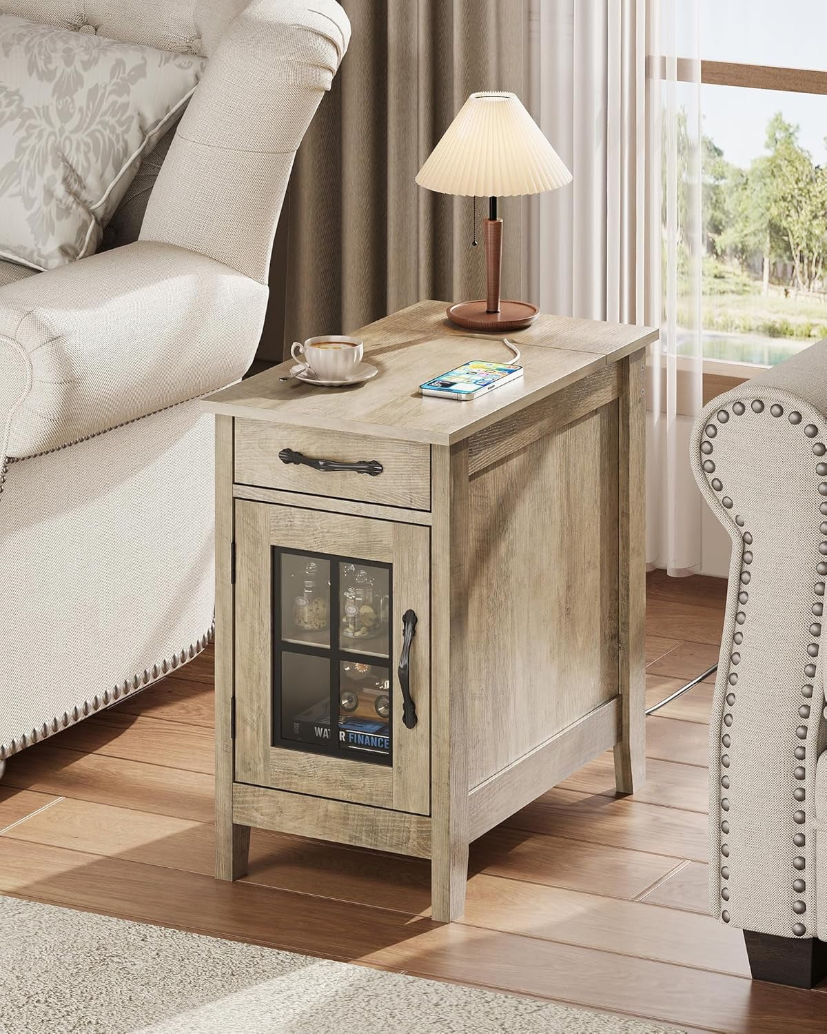 GALAXHERO End Table with Charging Station Narrow Side Table for Living Room with Storage, Small Wooden Cabinet Nightstand with USB Ports and Outlets